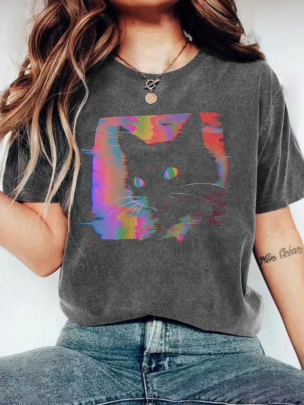 Women's Cat Print Round Neck Tee, Fashion Casual Crew Neck T-Shirt for Daily Holiday Vacation Outdoor Wear, Ladies Clothes for All Seasonsstyle{n002}2