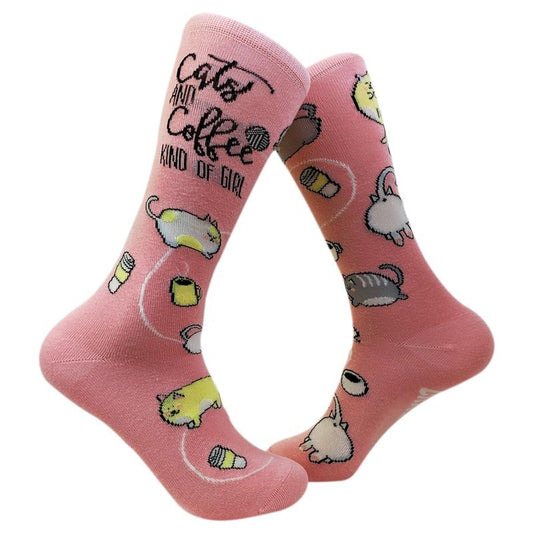 Women's Cats And Coffee Kind Of Girl Funny Novelty Crew Socks Kawaii Kittens Funny Graphic Socks Comfortable Fitted Spandex Cotton