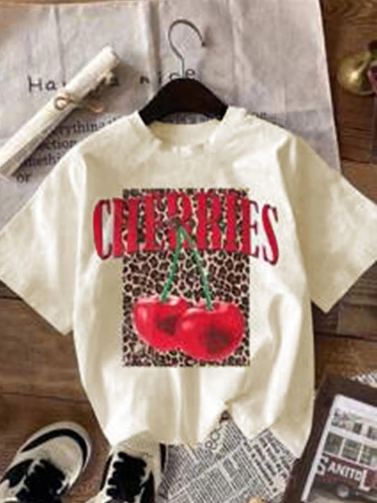 Women's Cherries & Letter Print Round Neck Tee, Fashion Casual Crew Neck T-shirt for Daily Holiday Vacation Outdoor Wear, Ladies Clothes for Summer
