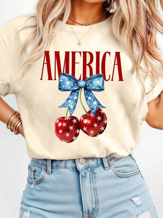 Women's Cherry & Bow Print Round Neck Tee, Casual Star & Striped Print Short Sleeve T-Shirt for Daily Wear, Ladies...