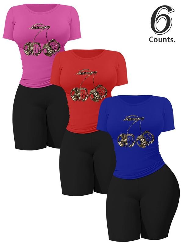 Women's Cherry & Letter Print Crop Tee & Shorts Set, Casual Short Sleeve T-shirt & Skinny Shorts, Ladies Summer Clothes,...