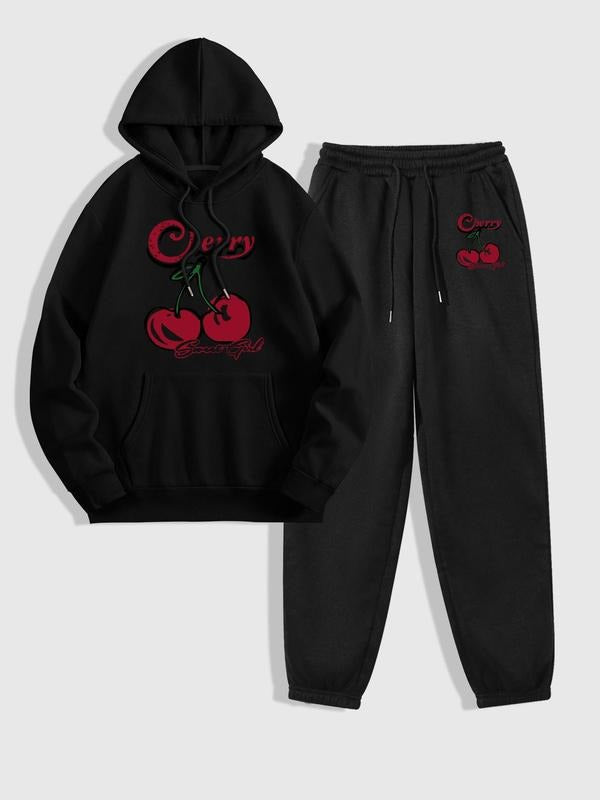 Women's Cherry & Letter Print Drop Shoulder Drawstring Hoodie & Drawstring Waist Sweatpants Two-piece Set, Casual Fashion Cozy Breathable Pocket Two Piece Outfits for Daily Wear, Ladies Fall & Winter Clothes
