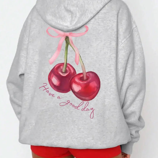 Women's Cherry & Letter Print Drop Shoulder Hoodie, Fashion Casual Drawstring Pocket Hooded Sweatshirt for Daily Holiday Outdoor Wear, Women Clothing for Fall & Winter