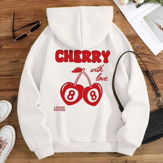 Women's Cherry & Letter Print Drop Shoulder Thermal Lined Hoodie, Fashion Casual Drawstring Pocket Hooded Sweatshirt for Daily Holiday Outdoor Wear, Women Clothing for Fall & Winter