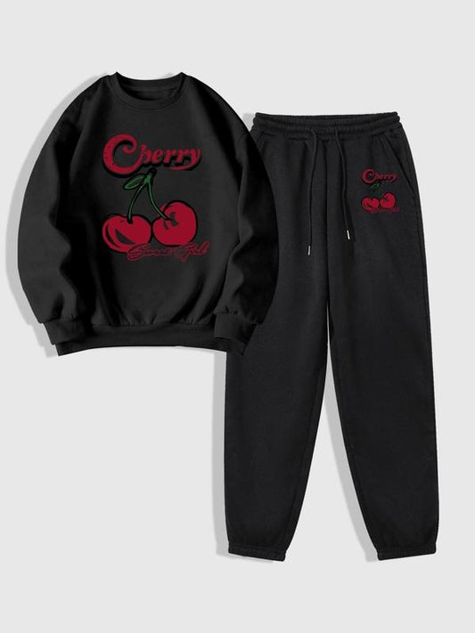 Women's Cherry & Letter Print Sweatshirt & Drawstring Waist Sweatpants Set, Casual Fashion Cozy Round Neck Long Sleeve Pullover & Pocket Jogger Pants for Daily Wear, Ladies Fall & Winter Clothes