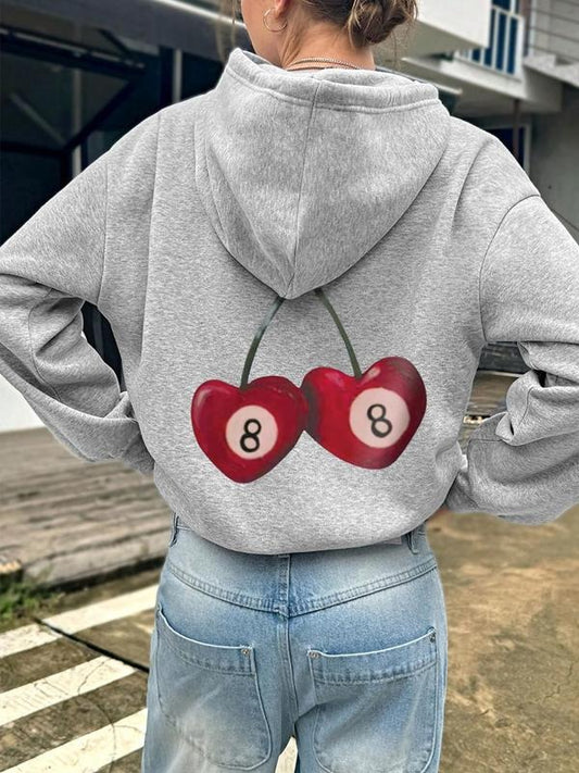 Women's Cherry & Number 8 Print Drop Shoulder Hoodie, Casual Drawstring Pocket Hooded Sweatshirt for Daily Holiday Wear, Women Clothing for Fall & Winter