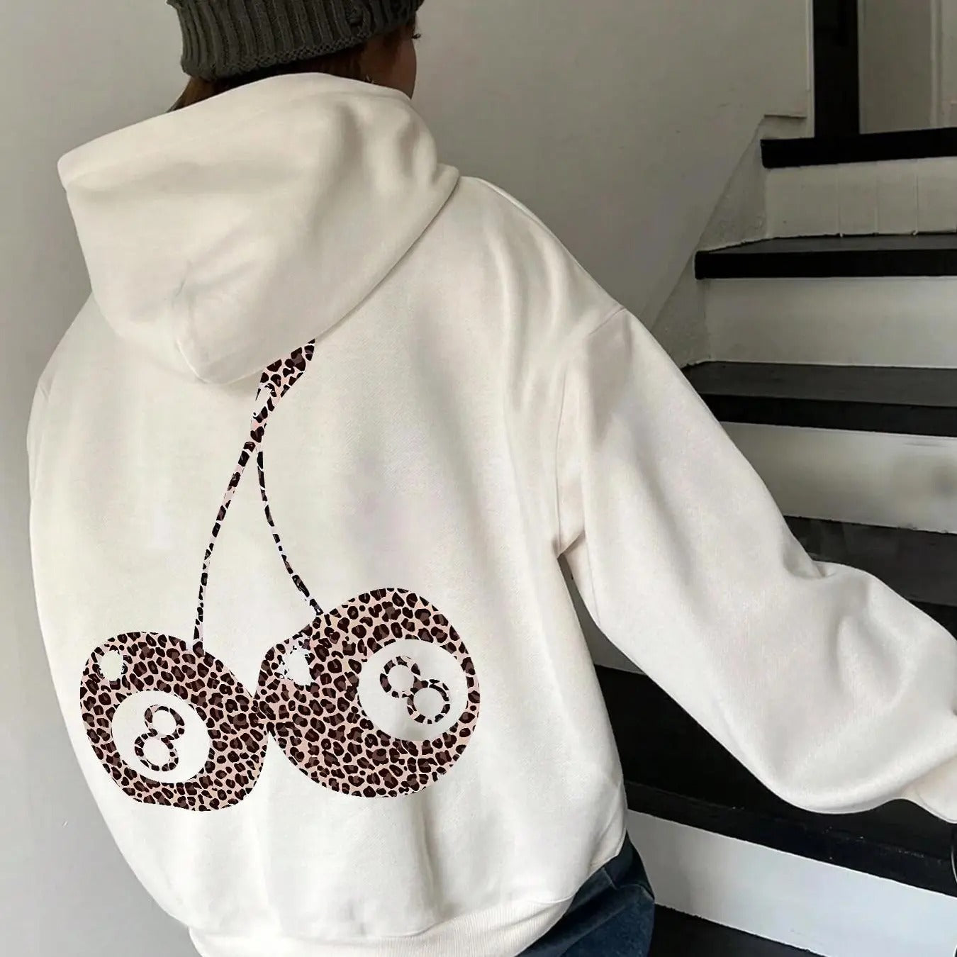 Women's Cherry Print Drop Shoulder Hoodie, Fashion Casual Drawstring Pocket Hooded Sweatshirt for Daily Holiday Outdoor Wear, Ladies Clothes for All Seasons, 90s Clothes