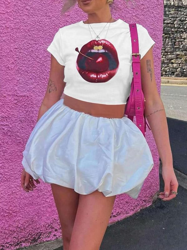 Women's Cherry Print Round Neck Crop Tee, Fashion Casual Crew Neck T-shirt for Daily Holiday Vacation Outdoor Wear, Ladies Clothes for Summer, Tops