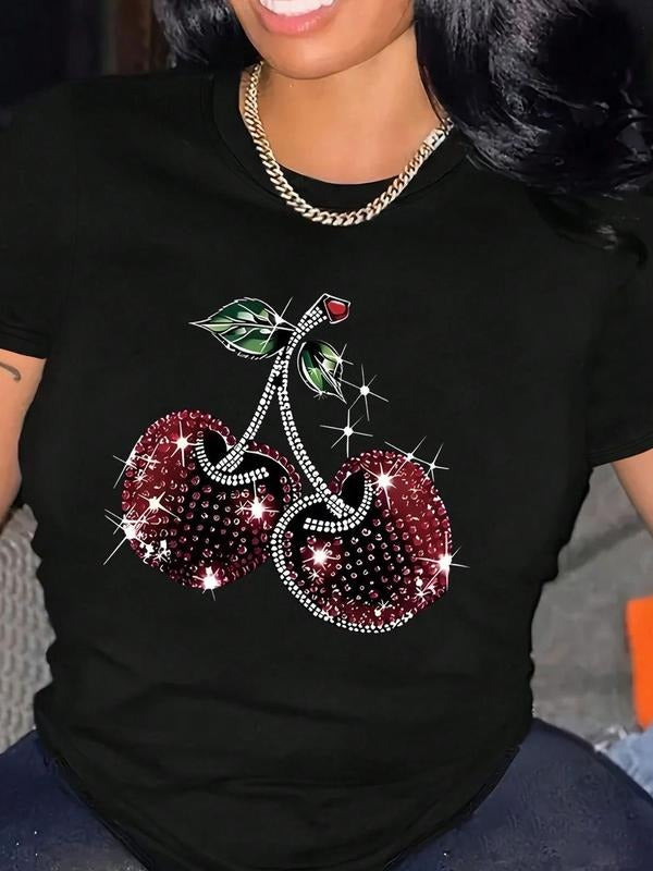 Women's Cherry Print Round Neck Tee, Fashion Casual Crew Neck T-shirt for Daily Holiday Vacation Outdoor Wear, Ladies Clothes for All Seasons