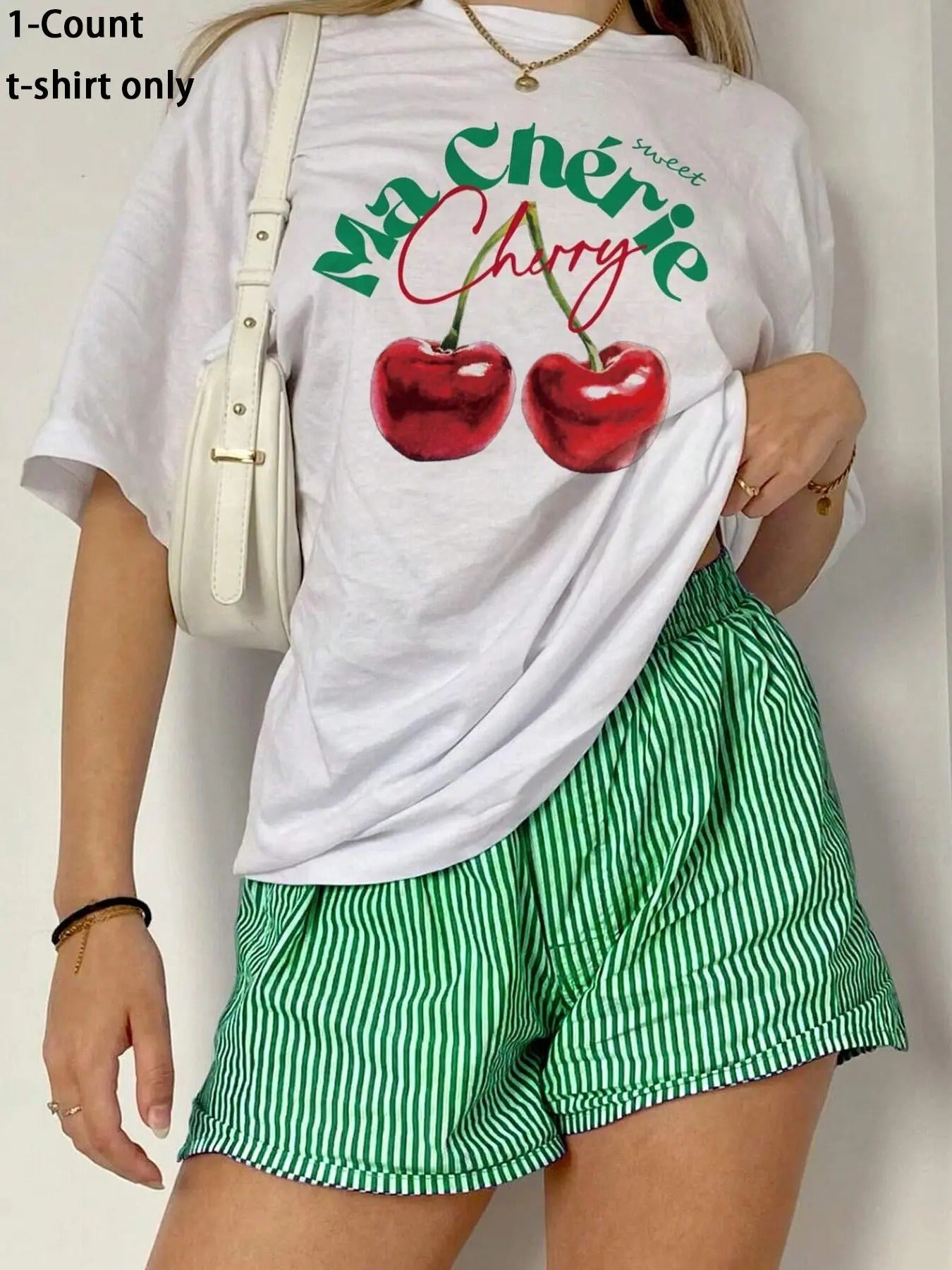 Women's Cherry Print Round Neck Tee, Fashion Casual Drop Shoulder Half Sleeve T-shirt for Daily Wear, Ladies Summer...