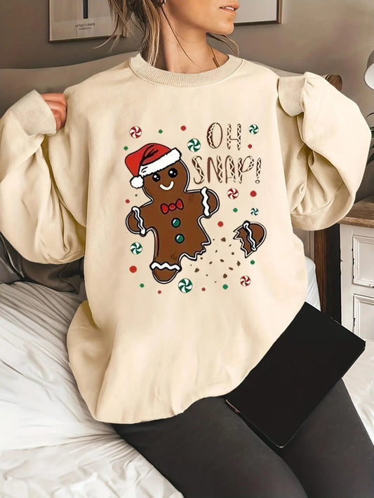 Women's Christmas Gingerbread Man & Letter Print Crew Neck Sweatshirt, Casual Drop Shoulder Long Sleeve Pullover, Women's Spring & Fall Clothes