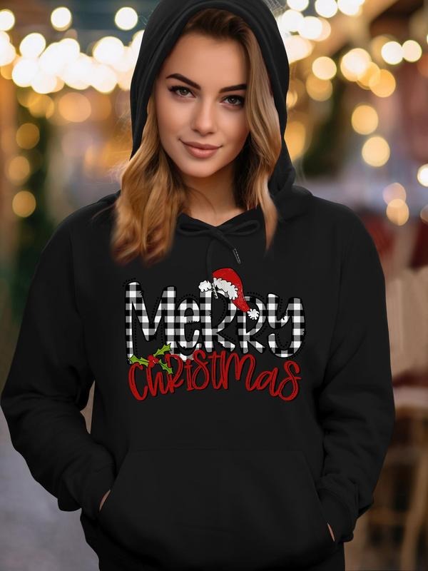 Women's Christmas Letter Print Drop Shoulder Long Sleeve Hoodie, Fashion Casual Drawstring Pocket Hooded Sweatshirt for Daily Holiday Outdoor Wear, Women Clothing for Fall & Winter