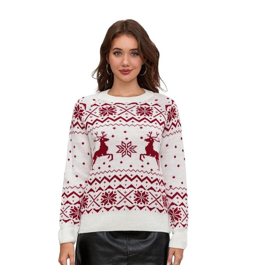 Women's Christmas Sweaters Classic Reindeer Snowflake Print Long Sleeve Round Neck Knit Jumper Tops T-Shirts, Hoodie,...