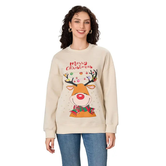 Women's Christmas Sweatshirt Loose Reindeer Letter Print Crew Neck Long Sleeve Casual Pullover Tops for Fall Winter