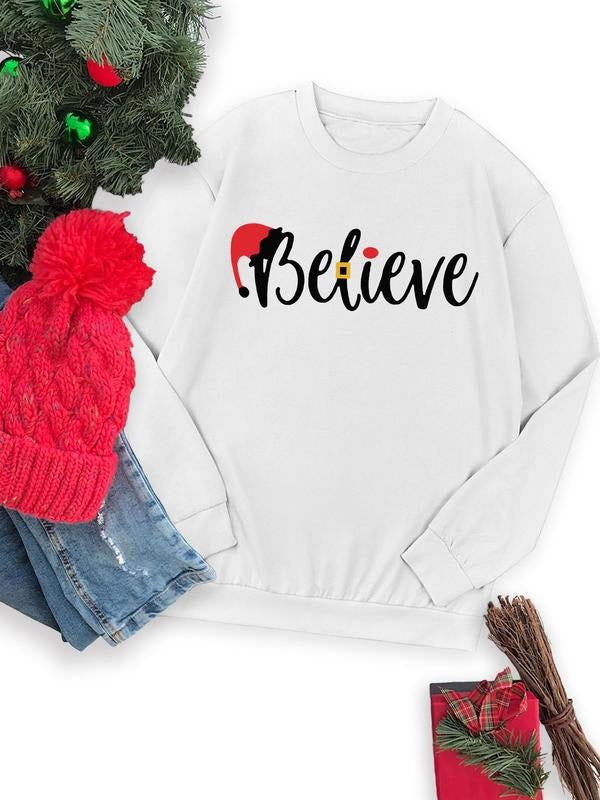 Women's Christmas Themed Letter & Cartoon Print Drop Shoulder Sweatshirt, Casual Long Sleeve Round Neck Pullover for Daily Wear, Ladies Fall & Winter Clothes