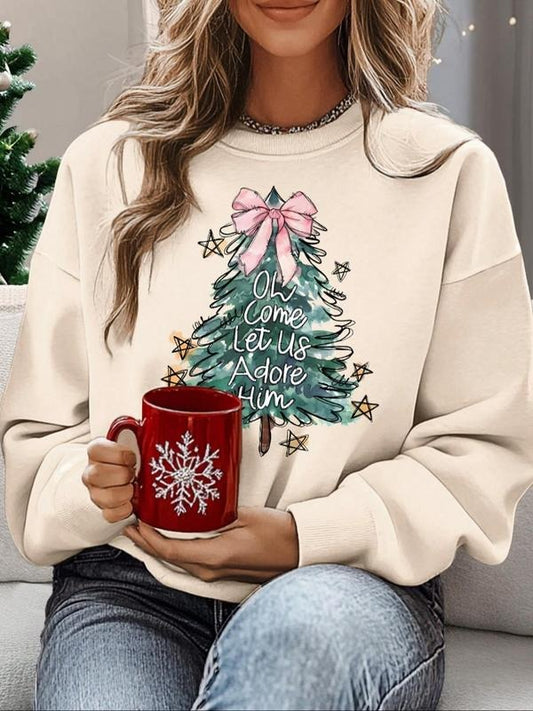 Women's Christmas Tree & Letter Print Crew Neck Sweatshirt, Casual Long Sleeve Pullover for Fall & Winter, Women's Clothes for Daily Wear