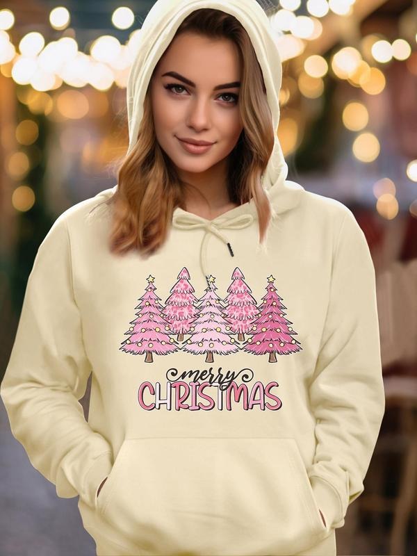 Women's Christmas Tree & Letter Print Drawstring Pocket Hoodie, Fashion Casual Hooded Sweatshirt for Daily Holiday Outdoor Wear, Women Clothing for Fall & Winter