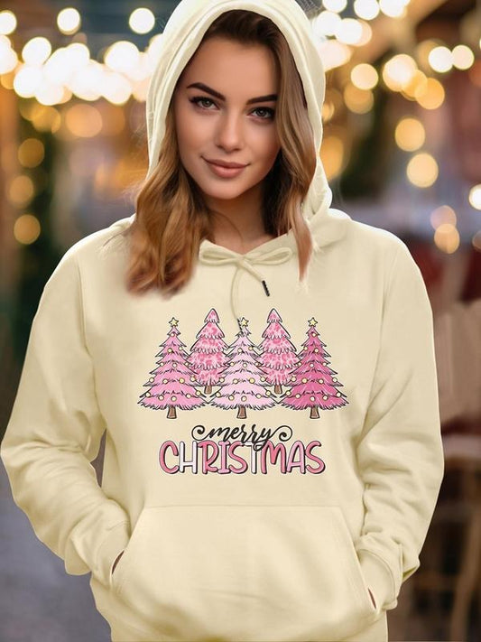 Women's Christmas Tree & Letter Print Drawstring Pocket Hoodie, Fashion Casual Hooded Sweatshirt for Daily Holiday Outdoor Wear, Women Clothing for Fall & Winter