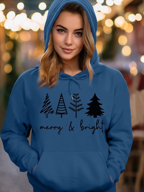 Women's Christmas Tree & Letter Print Drop Shoulder Hoodie, Fashion Casual Drawstring Pocket Hooded Sweatshirt for Daily Holiday Outdoor Wear, Women Clothing for Fall & Winter