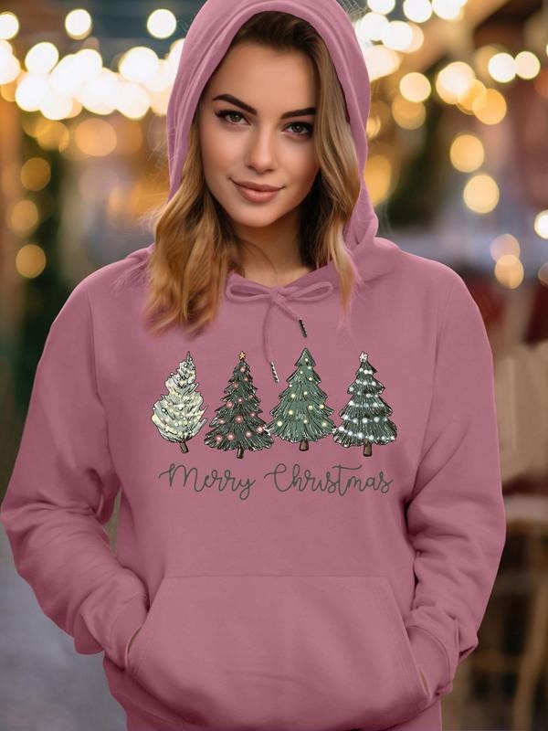 Women's Christmas Tree & Letter Print Drop Shoulder Hoodie, Fashion Casual Drawstring Pocket Hooded Sweatshirt for Daily Holiday Outdoor Wear, Women Clothing for Fall & Winterstyle{n002}2