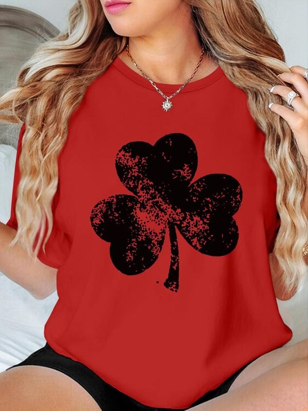 Women's Clover Print Round Neck Tee, Fashion Casual Crew Neck T-Shirt for Daily Holiday Vacation Outdoor Wear, Ladies Clothes for Summer