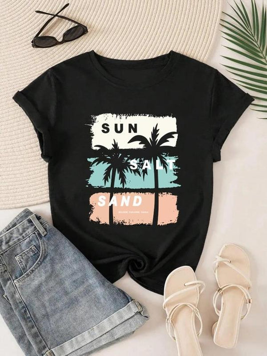 Women's Coconut Tree Print Round Neck Graphic Tee, Vintage Trendy Casual Short Sleeve T-shirt For Daily Wear, Ladies All...