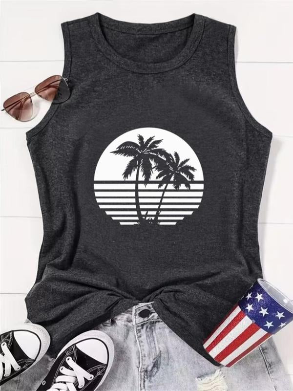 Women's Coconut Tree Print Round Neck Tank Top, Graphic Top, Casual Sleeveless Top for Beach Vacation Holiday, Comfort Ladies Clothes for All Seasons, Tropical Clothing