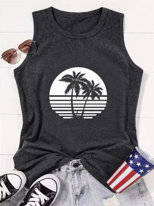 Women's Coconut Tree Print Round Neck Tank Top, Graphic Top, Casual Sleeveless Top for Beach Vacation Holiday, Comfort Ladies Clothes for All Seasons, Tropical Clothing