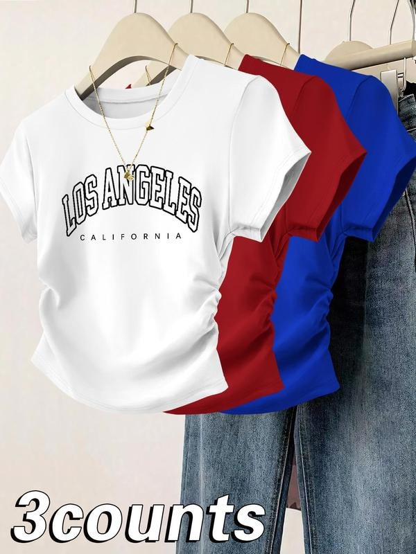 Women's Colorful Letter Print Round Neck Tee, Casual Short Sleeve T-shirt for Daily Wear, Ladies Clothes for All Seasons,...