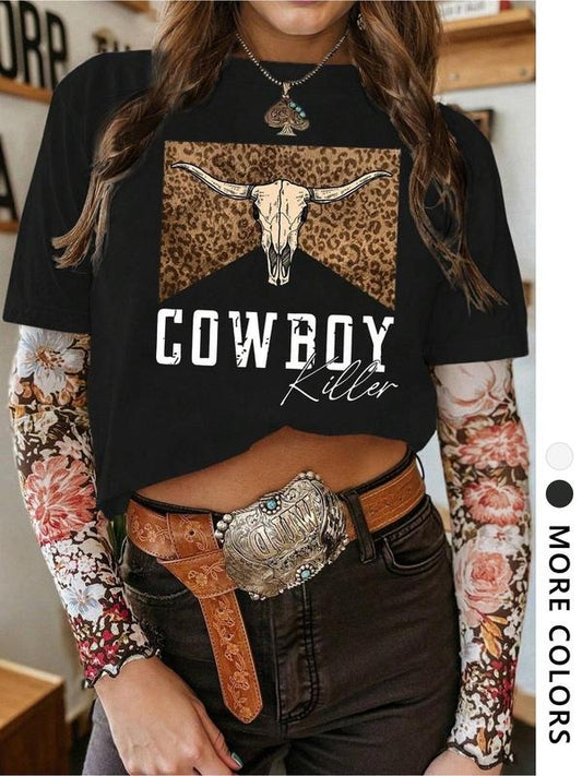 Women's Cow Print Round Neck Graphic Tee, Vintage Trendy Casual Short Sleeve T-shirt for Daily Wear, Ladies Summer...