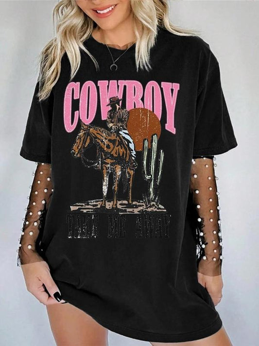 Women's Cowboy & Cactus Print Round Neck Graphic Tee, Vintage Trendy Casual Short Sleeve T-shirt for Daily Wear, Ladies...