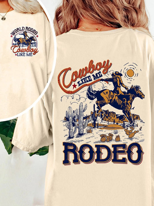 Women's Cowboy & Letter Print Round Neck Graphic Tee, Vintage Trendy Casual Drop Shoulder Short Sleeve T-shirt for Daily...