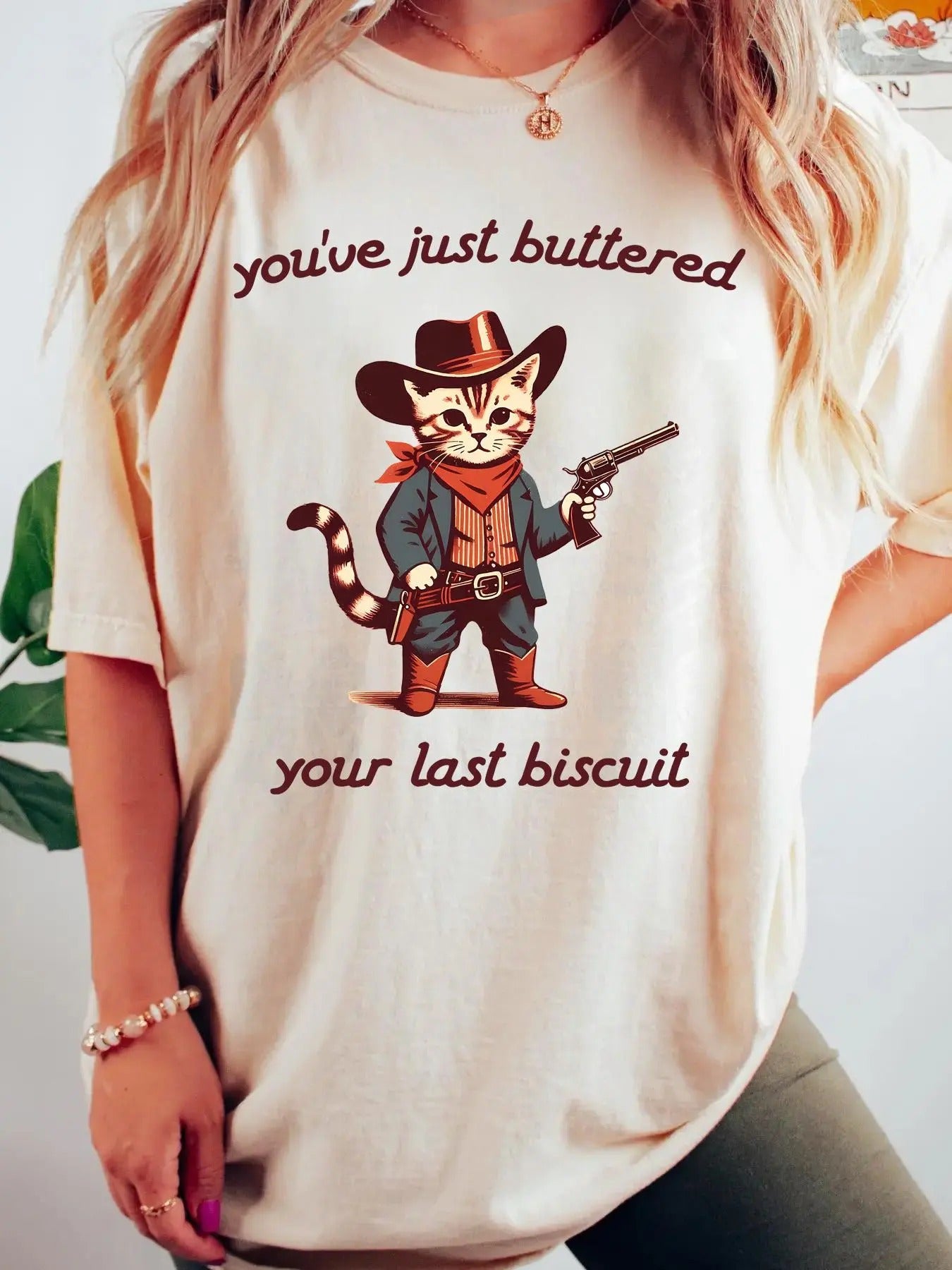 Women's Cowboy Cat Print Round Neck Tee, Casual Letter Print Short Sleeve T-shirt for Daily Wear, Ladies Summer Tops...