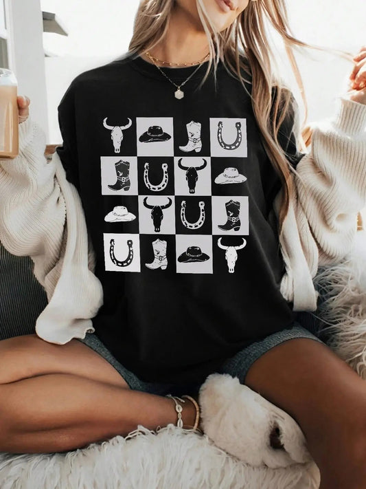 Women's Cowboy Print Round Neck Tee, Fashion Casual Crew Neck T-Shirt for Daily Holiday Vacation Outdoor Wear, Ladies Clothes for Summer