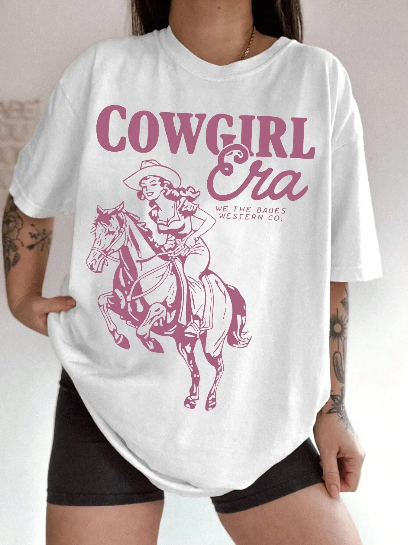 Women's Cowgirl & Letter Print Drop Shoulder Tee, Casual Half Sleeve Round Neck T-shirt for Summer, Fashion Women's Top for Daily Wear