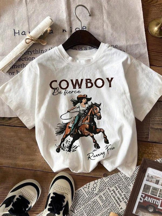 Women's Cowgirl & Letter Print Round Neck Graphic Tee, Vintage Trendy Casual Short Sleeve T-shirt for Daily Wear, Ladies...