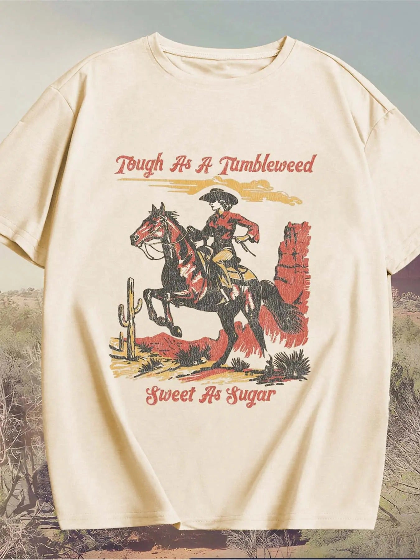 Women's Cowgirl Graphic Print Round Neck Tee, Casual Short Sleeve T-shirt for Daily Wear, Ladies All Seasons Outfit