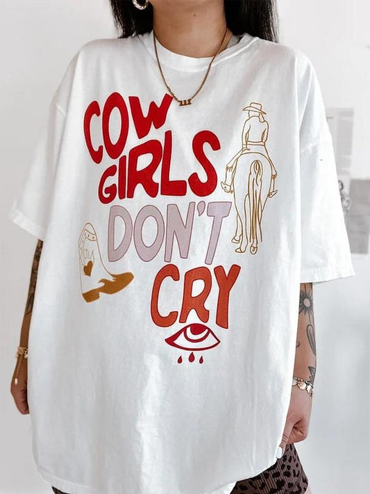 Women's Cowgirls Don't Cry Letter Print Round Neck Tee, Fashion Casual Crew Neck T-Shirt for Daily Holiday Vacation Outdoor Wear, Ladies Clothes for Summer, Top