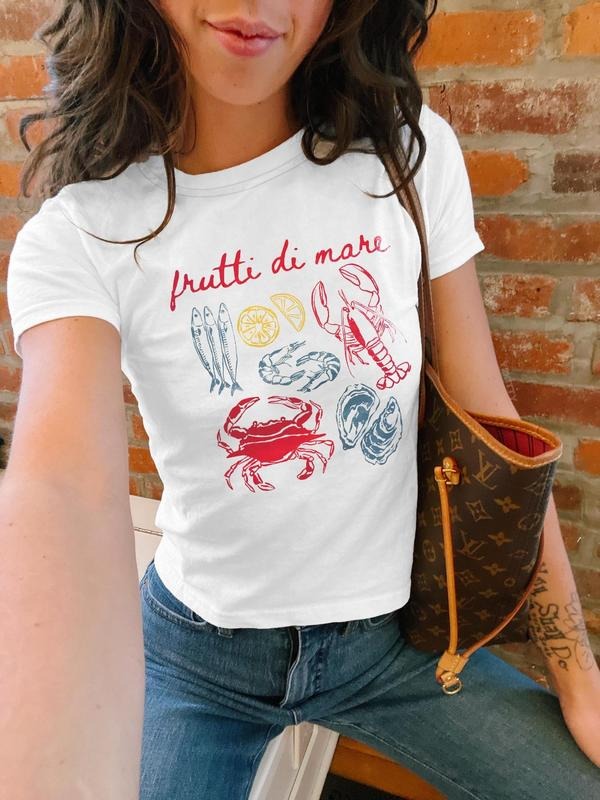 Women's Crab & Figure Print Round Neck Tee, Casual Short Sleeve Crew Neck T-shirt for Summer, Fashion Women's Top for Daily Wearstyle{n002}2