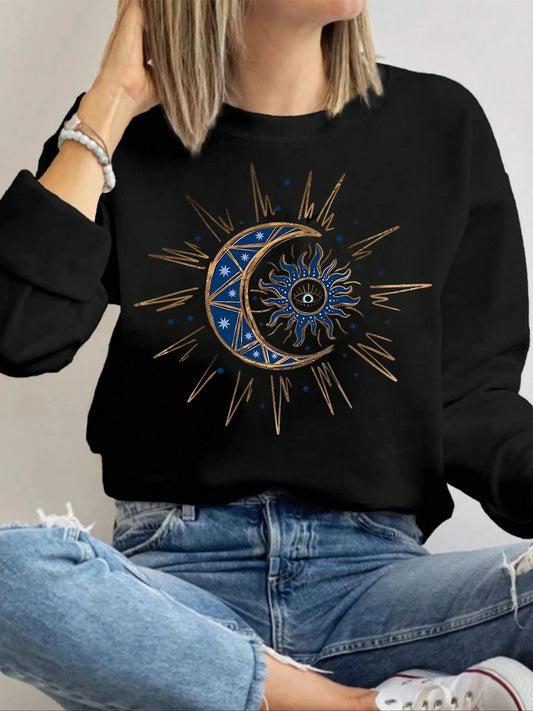 Women's Crescent & Star Print Crew Neck Sweatshirt, Casual Long Sleeve Pullover for Daily Wear, Ladies Clothes for All...