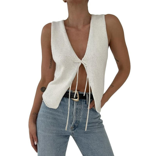 Women's Crochet Knit Tie Front Vest Y2k Deep V Neck Sleeveless Open Front Tie-Up Split Hem Solid Color Fitted Tank Tops  Summer Vintage Going Out Tops