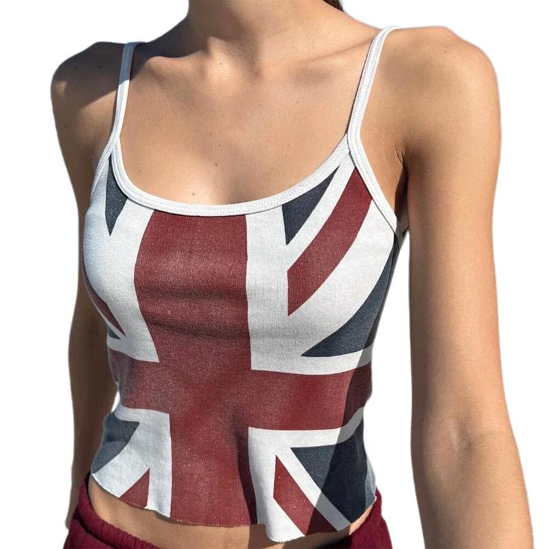 Women's Crop Camisole Slim Fit Backless Sleeveless Spaghetti Strap Union Jack Tops for Summer Lady Polyester T-Shirts,...