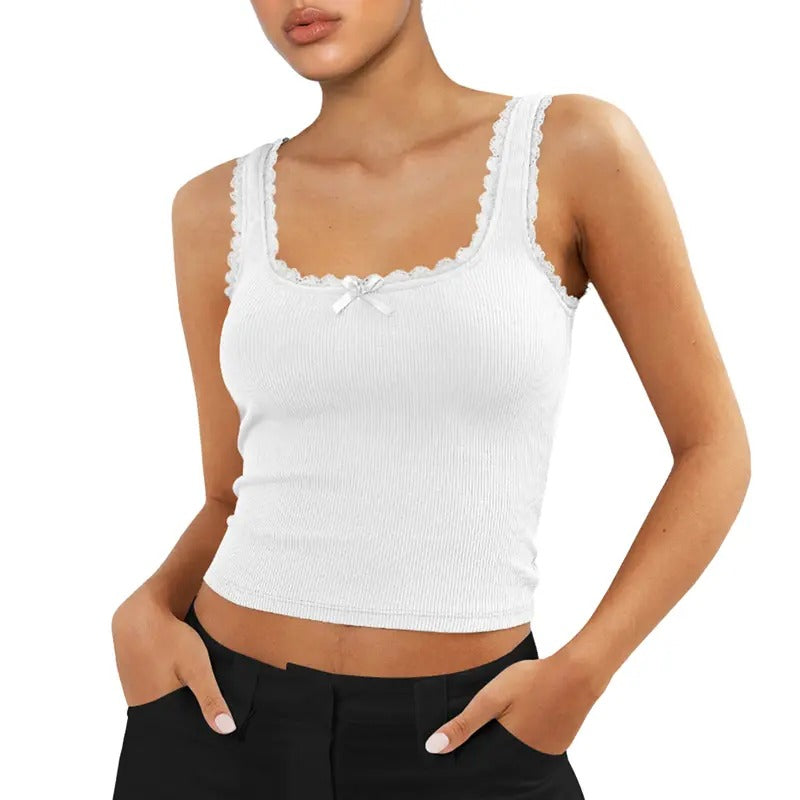 Women's Crop Tank Tops Slim Fit Scoop Neck Sleeveless Backless Lace Trim 3D Bow Ribbed Cami Tops Summer Party Club Night Streetwear
