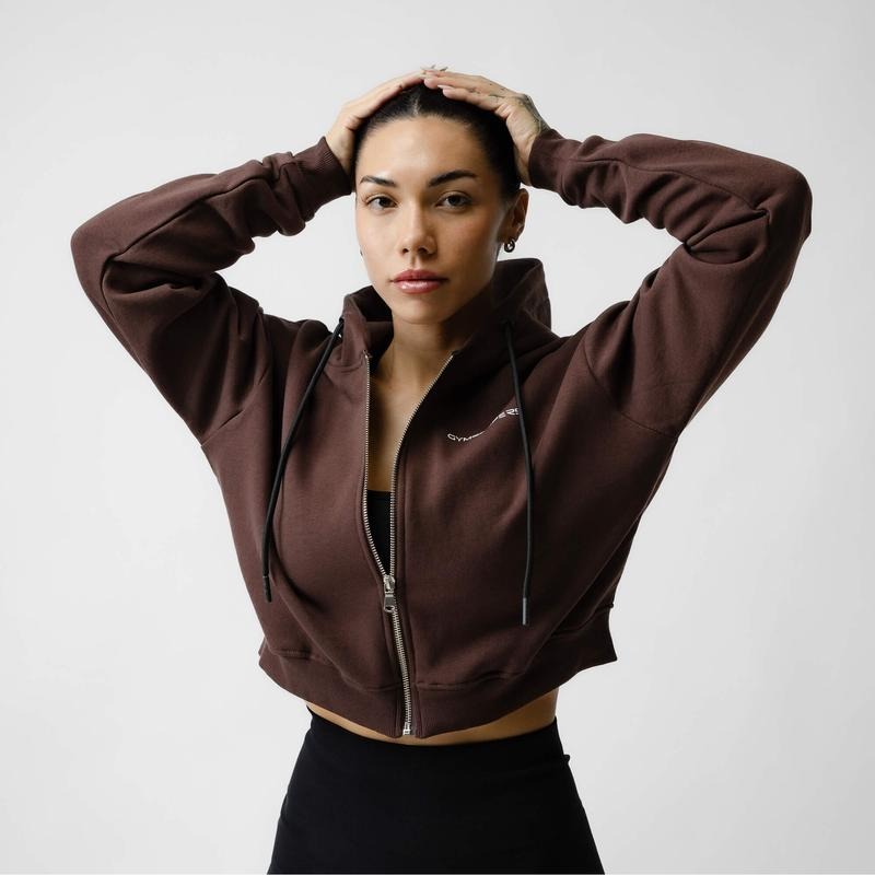Women's Cropped Zip-Up Hoodie - Brown, Gym Cover, Soft Fleece Lining T-Shirts, Sweatshirt | WearSparks.com