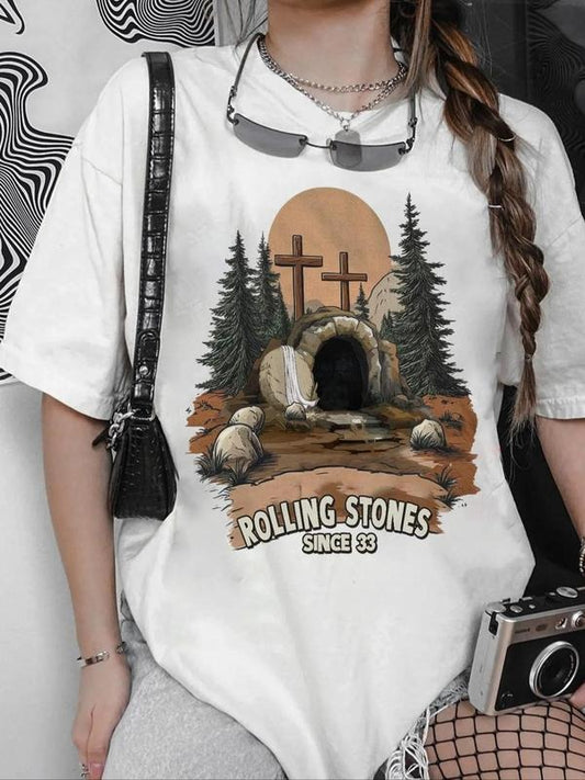 Women's Cross & Cave Graphic Round Neck Tee, Vintage Trendy Casual Short Sleeve T-shirt for Daily Wear, Ladies Summer...