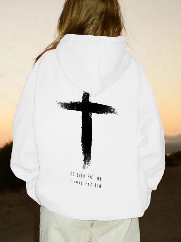 Women's Cross Print Hoodie, Fashion Casual Letter Print Hooded Sweatshirt for Daily Holiday Outdoor Wear, Women Clothing for Fall & Winter
