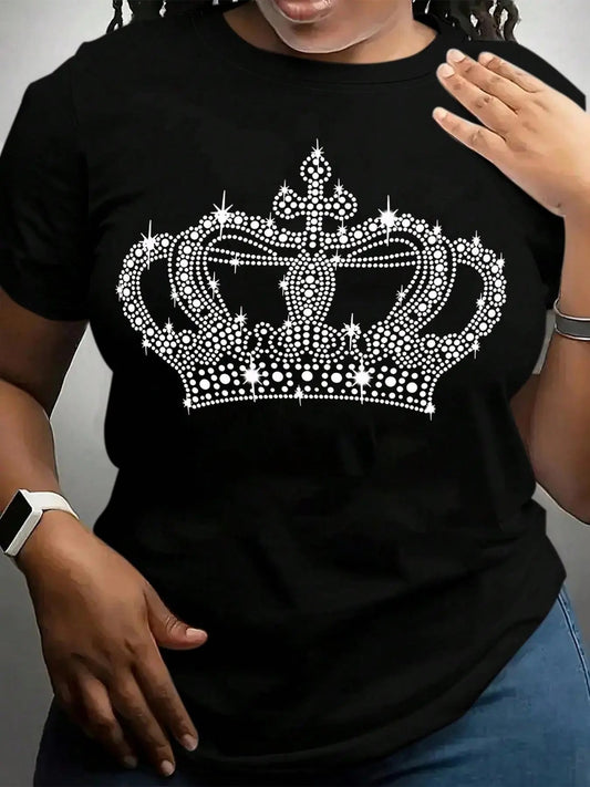 Women's Crown Print Round Neck Tee, Fashion Casual Crew Neck Short Sleeve T-shirt for Daily Holiday Vacation Outdoor Wear, Ladies Clothes for Summer