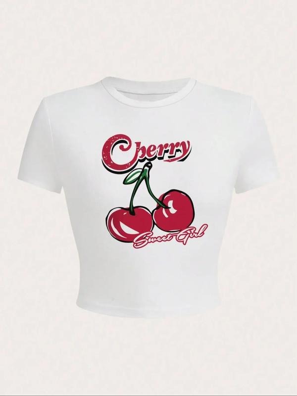 Women's Cute Cherry & Letter Print Round Neck Crop Tee, Casual Short Sleeve Skinny T-Shirt for Summer, Fashion Women's Top for Daily Wear