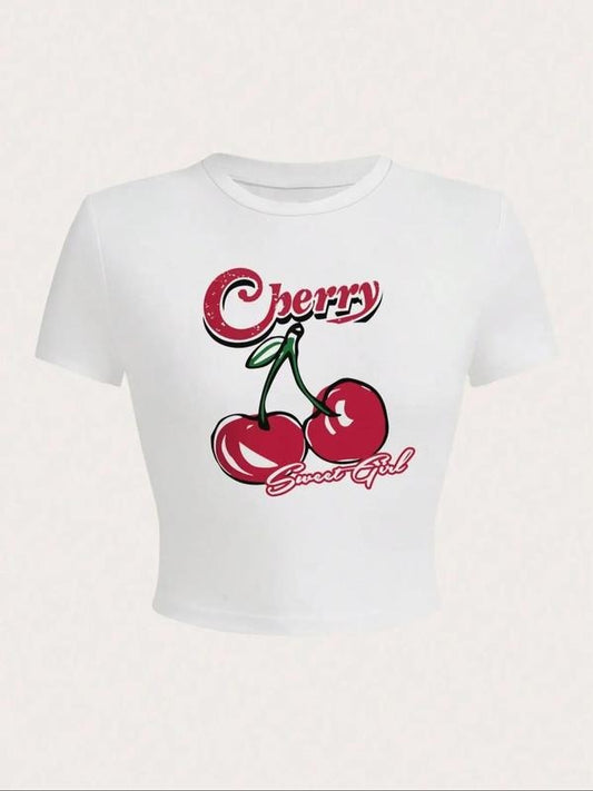 Women's Cute Cherry & Letter Print Round Neck Crop Tee, Casual Short Sleeve Skinny T-Shirt for Summer, Fashion Women's...