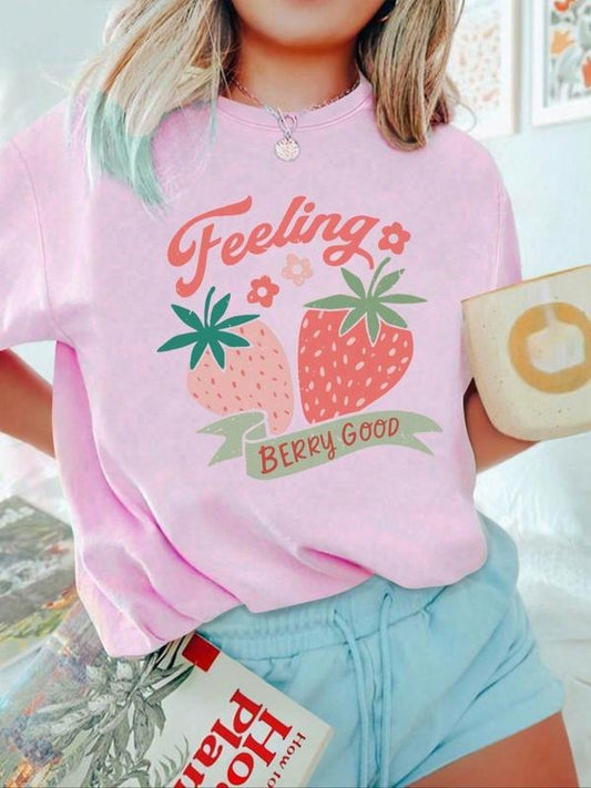 Women's Cute Strawberry & Letter Print Drop Shoulder Tee, Casual Fashion Round Neck Short Sleeve T-shirt for Daily Holiday Vacation Outdoor Wear, Ladies Summer Clothes, Clothing